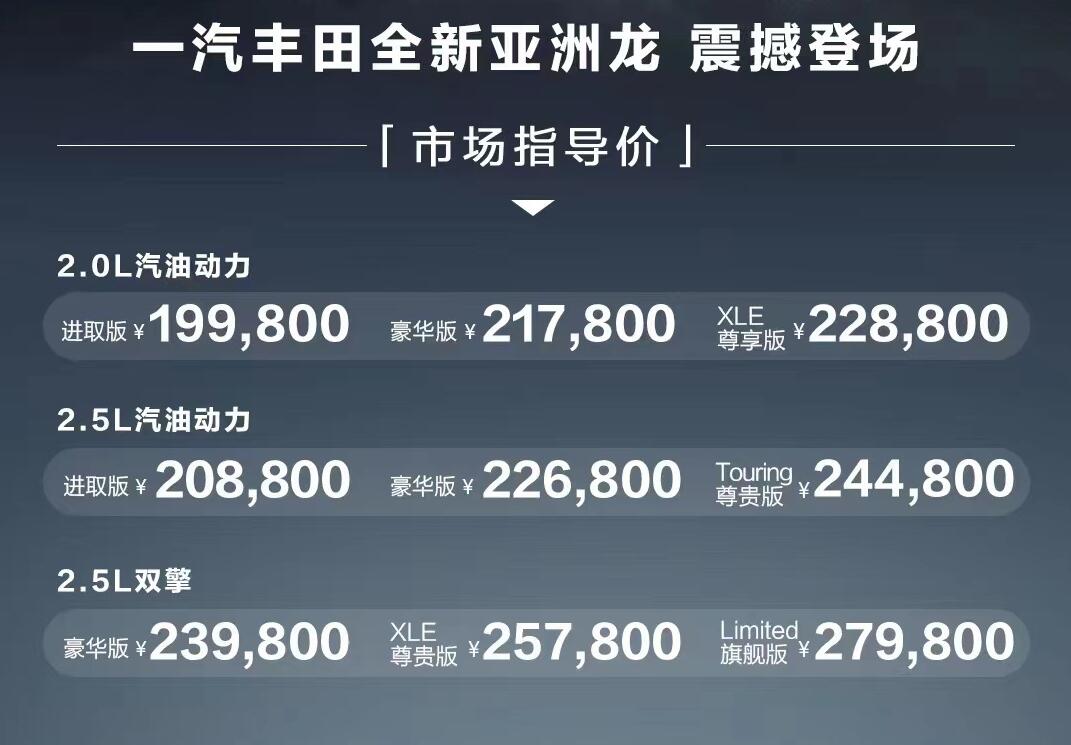 价格下调了约1万元，新款一汽丰田亚洲龙上市售19.98~27.98万元