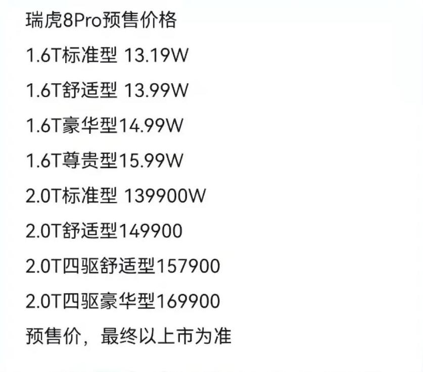 比瑞虎8 Plus高了几千元，奇瑞瑞虎8 Pro疑似预售价曝光13.19万元起