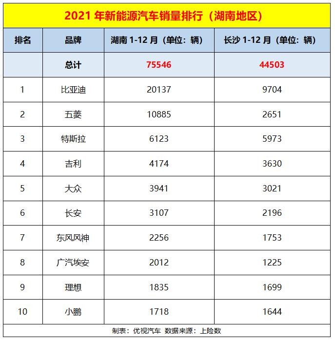 2021年湖南新能源品牌销量TOP10出炉，理想第9、大众第5、吉利第4