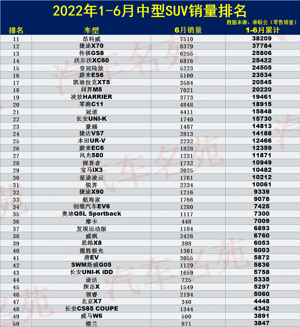 1-6月中型SUV销量排名：Model Y遥遥领先，途观L第四，瑞虎8第七！