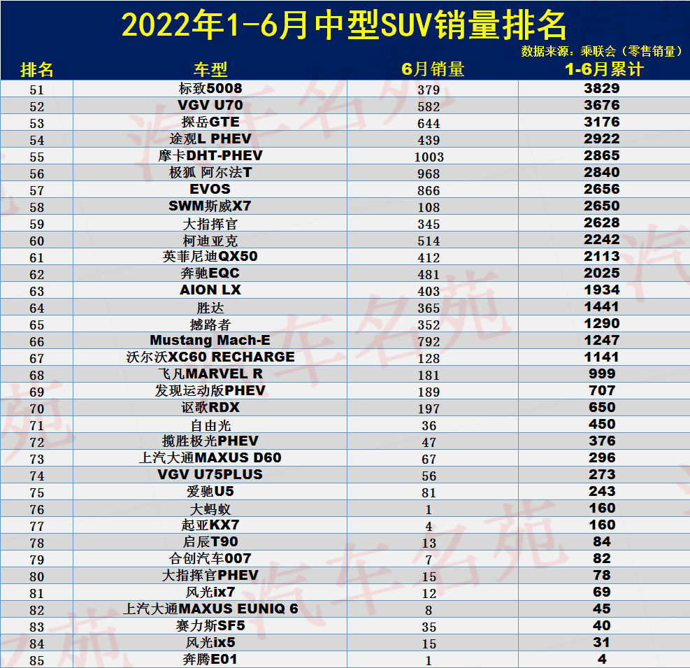 1-6月中型SUV销量排名：Model Y遥遥领先，途观L第四，瑞虎8第七！